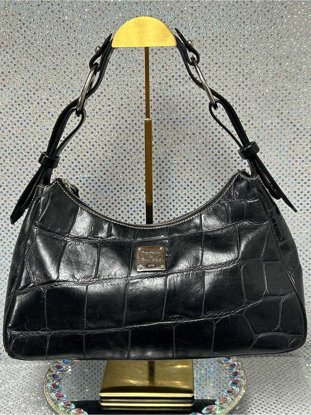 Dooney & Bourke Black Croc-Embossed Leather Shoulder Bag Approx. 15 x 7 x 5